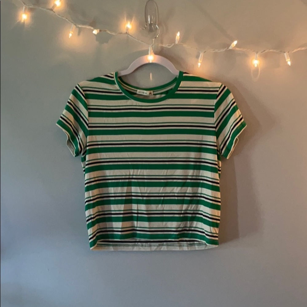 Cropped green, black, and white stripped tee